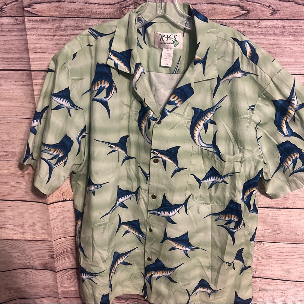 Ky’s Men’s Size XL Hawaiian Camp Button Short Sleeve Shirt Marlin Print Fishing.